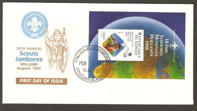 CONGO 1995 18th WORLD SCOUT JAMBOREE Netherlands IMPERF SS FDC - Image 1 of 1