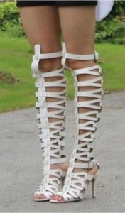 Gladiator Over the Knee Boots 7 Heel Shoes White Mod Costume Go Go Girl White - Picture 1 of 1