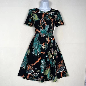 NWT LuLaRoe Amelia Black Tropical Stretch Fit & Flare Pleated Dress Pockets SM - Picture 1 of 13