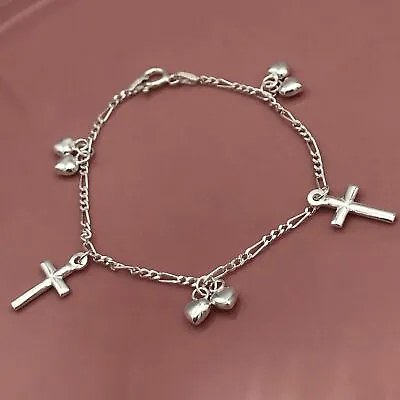 925 Sterling Silver Childs 15cm Heart & Crosses Charm Bracelet (15cm Extra Sm... • 13.99£