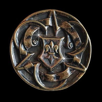 Victorian Vintage Antique Brass Button Shield Fleur-De-Lys Shield and Ribbons - Image 1 of 4