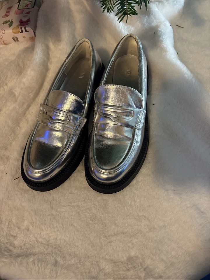 Mocasines Zara para mujer metálicos plateados talla 39 o EE. UU. 8,5 plataforma gruesa y2k Foto 1 de 4