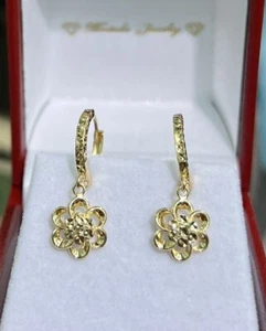 18k Solid Yellow Gold Kid Adult Shiny Flower Dangle Hoop Earrings, 1.60 grams - Picture 1 of 5