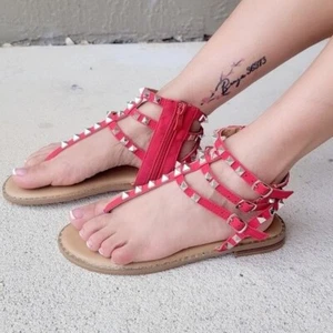 Women's Studded Strappy Flat Sandals Red Color - Picture 1 of 5