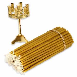 Seven Candle Brass Candlestick + 100 Pure Beeswax Orthodox Church Taper Candles