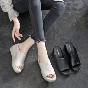 Women's Summer Slip On Thick Bottom Wedge Sandals Casual Peep Toe Comfort Shoes