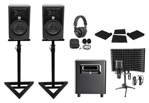 2 JBL 308P MkII 8" Active Studio Monitors+Stands+Subwoofer+Headphones+Mic+Shield - Picture 1 of 10