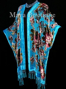 Caftan Kimono Duster Silk Burnout Velvet Turquoise Gypsy Rose Maya Matazaro - Picture 1 of 2