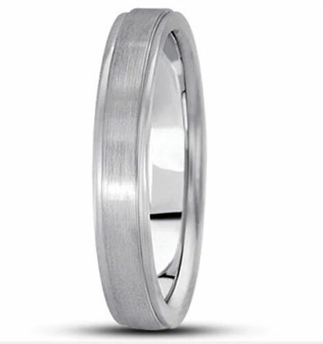 4mm 18K Solid White Gold Brushed Center Design Comfort Fit Wedding Band Ring - Image 1 of 1