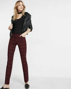 NEW EXPRESS $80 BURGUNDY LOW RISE PLAID SLIM EDITOR PANTS SZ 8R - Picture 1 of 4