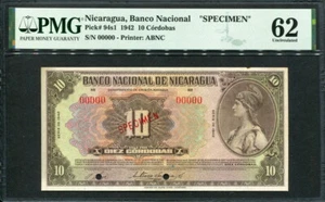 Nicaragua 1942, Specimen 10 Cordobas, P94s1, PMG 62 UNC - Picture 1 of 2