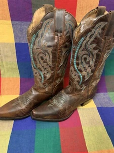 J.B. DILLON Brown Turquoise Leather Cowgirl Western Boots #JBW2318 Size 6 1/2 B - Imagen 1 de 12