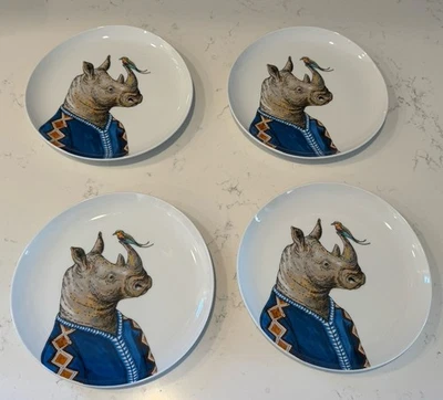 4 West Elm Rachel Kozlowski 8 1/2" Dapper Animal Plates Rhinoceros Rhino Bird - Image 1 of 4