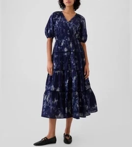 GAP Blue Floral Ruffled Tiered Maxi Shirt Dress Size Small - Picture 1 of 9