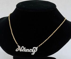 14K 2-tone gold 0.71CT diamond "NANCY" name plate pendant necklace