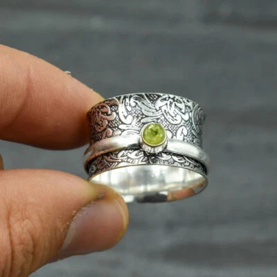 Anello Peridoto Spinner 925 Argento Sterling Worry Artigianale Tutte le Misure - Immagine 1 di 4
