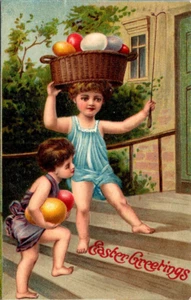 SALUDOS DE PASCUA - JUEGO INFANTIL Y CESTA DE HUEVOS 1910 POSTAL NAVIDEÑA EN RELIEVE - Imagen 1 de 2
