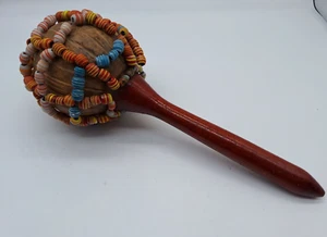 Carved Coconut Shaker Glass Bead Musical Instrument Folk Maracas 12 inches Vtg - Picture 1 of 8