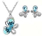Blue Crystal Butterfly Necklace Set Stud Butterfly Earrings 18" Chain Silver 