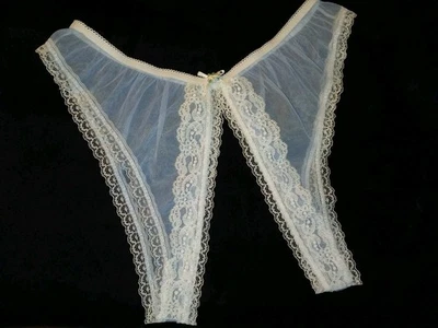 Vintage 80s Sheer Baby Blue Chiffon White Lace Rose Bow Crotchless Panties S EUC - Image 1 of 4