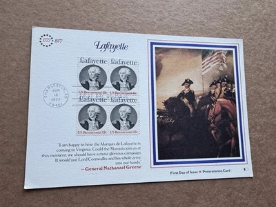 Tarjeta FDC 1977 EE. UU. + Gen Lafayette #1716 + Gen Green Quotes + Pintura de Washington Foto 1 de 2