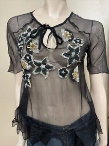 Women’s Black Silk Casual Summer Sheer Beaded Embroidered Lace Size M Blouse Top - Picture 1 of 11