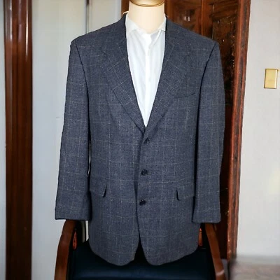 Blazer Abrigo Deportivo Henry Grethel De Colección Para Hombre 42L Azul Amarillo Cuadros Tweed Suave Foto 1 de 4