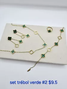 4pc StainlessSteel Five Leaf Clover Flower Necklace Set Tarnish Free Gold Plated - Picture 1 of 1