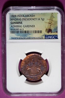 1808 NGC Genuine Admiral Gardner East India Company 10 Cash Bronze Coin #B48862 - Image 1 of 2