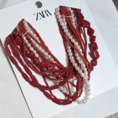 Zara 串珠珍珠项链 超长声明 多品牌 1856/157 全新带标签 红色 白色 — 第 1/3 张图片