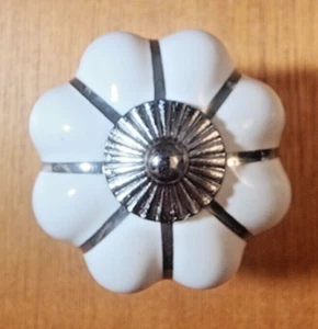 Set of 5 Knobs White/Silver Drawer Pull Cabinet Hardware Decorative Ceramic - Picture 1 of 7