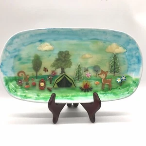 Vassoio artistico ovale porcellana 3D asilo bambino diorama campeggio natura tenda cervo decorazione - Foto 1 di 11