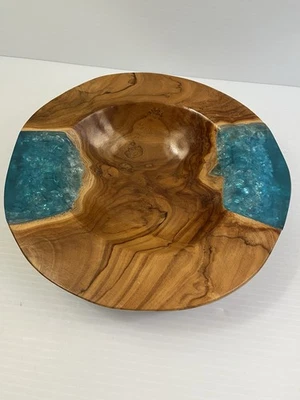 Handmade Teak Wood Epoxy Bowl, TURQUOISE RESIN 9” BOWL, Wood and Glass Resin - Image 1 of 4
