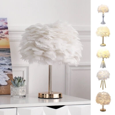 Table Lamp White Elegant Feather Fluffy Shade Desk Night Light Bedside Lampshade - Image 1 of 4