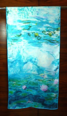 ELSA TUSTIN Bufanda Larga de Sarga Estampado de Nenúfares de Monet Azul/rosa/blanco NUEVO