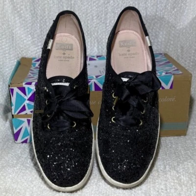 Keds x kate spade Black Glitter Sneakers Women’s 9.5 Ribbon Laces EUC - Image 1 of 4