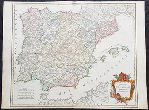 1757 Robert De Vaugondy Large Antique Map Spain, Portugal & The Balearic Islands - Picture 1 of 1