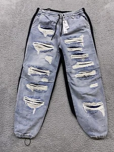 Smoke Rise Red Joggers Womens Large Black Denim Baggy Cargo Drawstring NWT - Picture 1 of 14