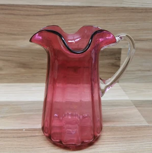Vintage Hand Blown Ruffled Rim Cranberry Glass Jug / Pitcher - Picture 1 of 13