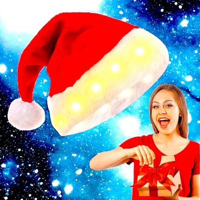 Paquete de 2 sombreros de Papá Noel LED 🎅 gorras de felpa brillantes de Navidad ✨ Disfraz de vacaciones para adultos y niños Foto 1 de 4