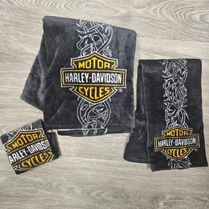 Harley Davidson 3 Piece Towel Set Bath Hand Washcloth Black Barbed Wire Cotton  - Picture 1 of 8