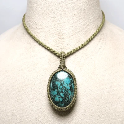 Tribal-Style Handknotted Natural Hubei Turquoise Boho Macrame Gemstone Necklace - Image 1 of 4