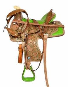 Sillín de cuero verde/marrón Western Premium Horse Tack talla 15". - Imagen 1 de 7