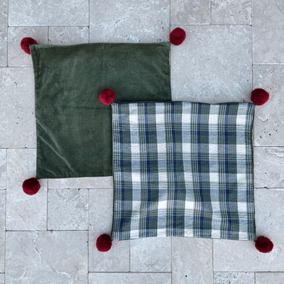 2 Pottery Barn Pillow Covers Double Sided 20”x20” Blue Plaid Green Velvet Poms - Image 1 of 4