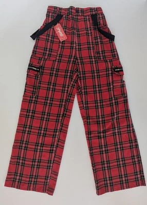 Romwe Red Plaid Faux Suspender Pants L High Waisted Goth Punk scottish academia - Image 1 of 4