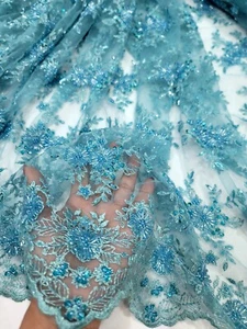 TURQUOISE Beaded Embroidery Bridal Lace Fabric Sold By The Yard Floral Flowers  - Picture 1 of 11