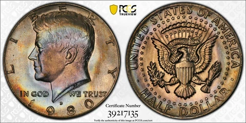 MS64 1980-D 50C Kennedy Half Dollar, PCGS Secure- Rainbow Toned Clad Cover