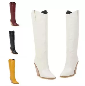 Women Western Pointed High Heel Biker Cowboy Goth Knee High Boots Big Size 34-48 - Picture 1 of 16