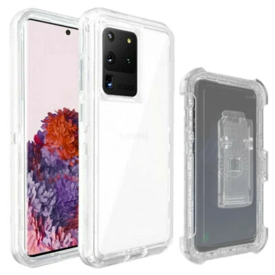For Galaxy S20 S20 Plus Ultra 5G Shockproof Clear White Case with Belt Clip - Image 1 of 4