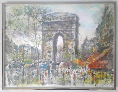 Vintage Watercolor Painting of Arc de Triomphe Paris Street Scene Framed Art - Image 1 of 4